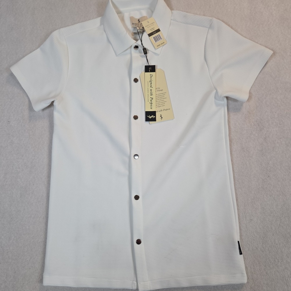NWT Scott James Knit Shirt Mens Small Snap Front Polo White Short Sleeve Casual - Picture 1 of 11